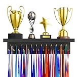 DSVENROLY Medal Holder Display Trophy Shelf Organizer, Sturdy Wooden Race Award Hanger Rack with 25 Steel Hooks, Wall Mount Storage Stand for Sports Fans, Cheer Success, Retro Grey