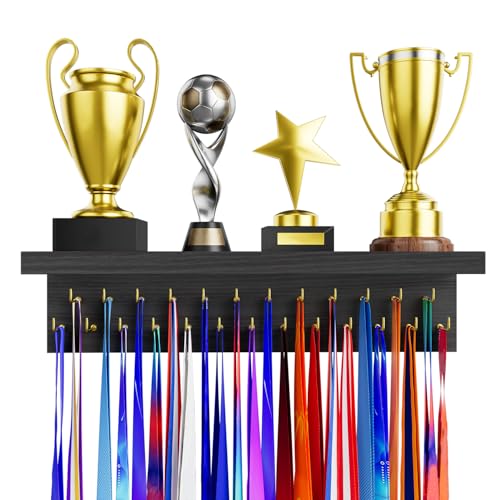 Image of Medal Holder Display Trophy Shelf Organizer, Sturdy Wooden Race Award Hanger Rack with 25 Steel Hooks, Wall Mount Storage Stand for Sports Fans, Cheer Success