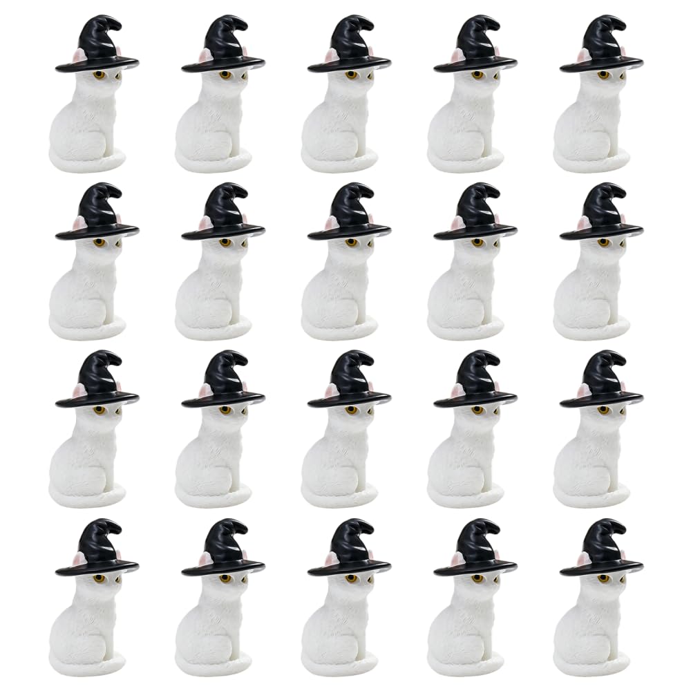BDKMMS Mini Cat Halloween Figures, 20PCS Resin Cat Figurines with Witch Hat