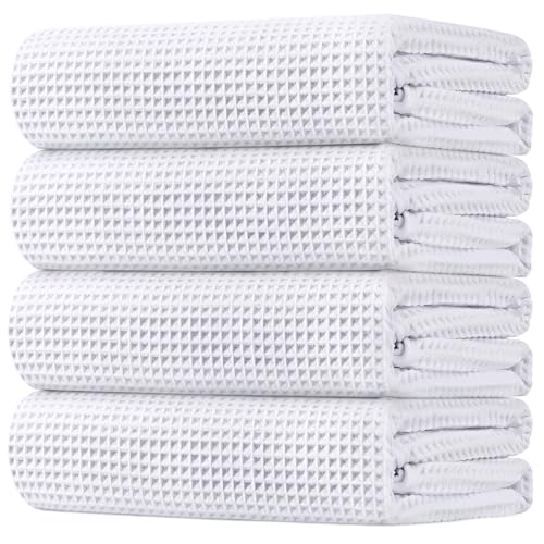 HOMEXCEL Waffle Bath Towels Set 4 Pack, Premium Microfiber Bathroom Towels, Ultra Soft, Lightweight, Highly Absorbent and Quick Dry Towel for Bathroom, Gym, Shower, Hotel, and Spa, 27 x 54 Inch, White