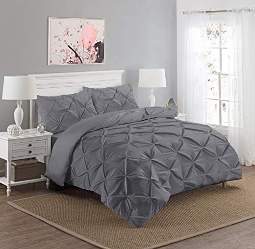 Luxury Diamond Pinch Pleated Pintuck Duvet Cover Set With Pillow Cases 100% Percale Egyptian Cotton Bedding Quilt Sets Single Double King Super King Sizes (Charcoal Grey, Single)