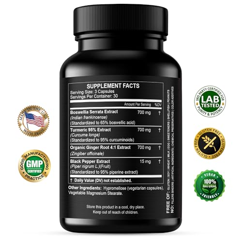Boswellia Curcumin Ginger Extracts Supplement – Strong 95% Curcuminoids Natural Support Pills for Mobility & Flexibility – Extra Strength Boswelia with Turmeric Curcumin Organic Ginger Supplement