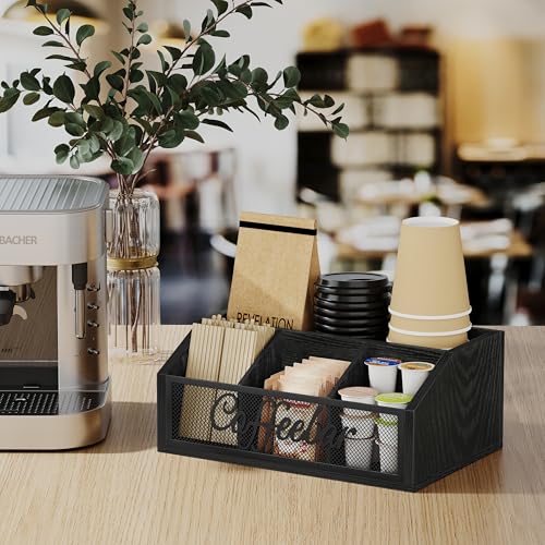 Image of YINMIT Coffee Station Organizer for Countertop, Wood Coffee Bar Organizer with Removable Dividers for Pods, Syrup, Cups, Stirrer, Tea - Office Bar Accessories, Iron Mesh-Black