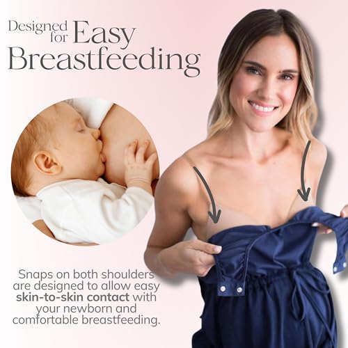 Baby Be Mine Women's 3-in-1 Labor/Delivery/Nursing Nightgown, Navy Blue (Large-X-Large)