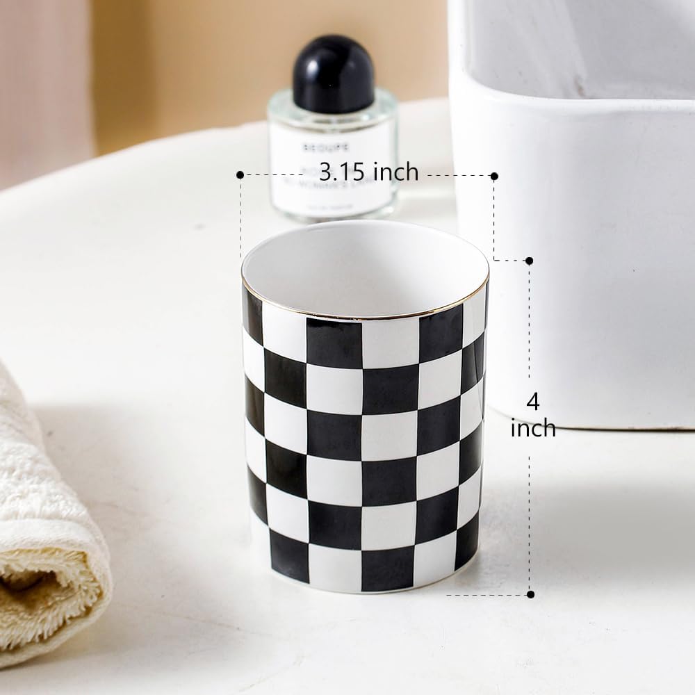 Ceramic Toothbrush Holder Toothpaste Holders, Cute Bathroom Tumbler Cups Reusable,Checkered Bathroom Counter Decor Organizer, Makeup Brush Holder,Pen Holder (Black)