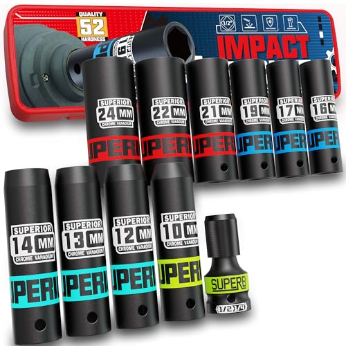 Arwealxs 11 Pieces Impact Socket Set 1/2 Drive Deep Impact Socket Set 10-24mm with Drill Socket Adapter Metric 6 Point Automotive Repair Equipment Maintenance