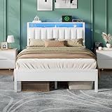 Furnulem White Full Size Bed Frame with Charging Station & Led Lights, Pu Leather Upholstered Headboard W/ 2-Tier Storage Shelves, No Box Spring Needed, Metal Slat Support, Solid and Stable