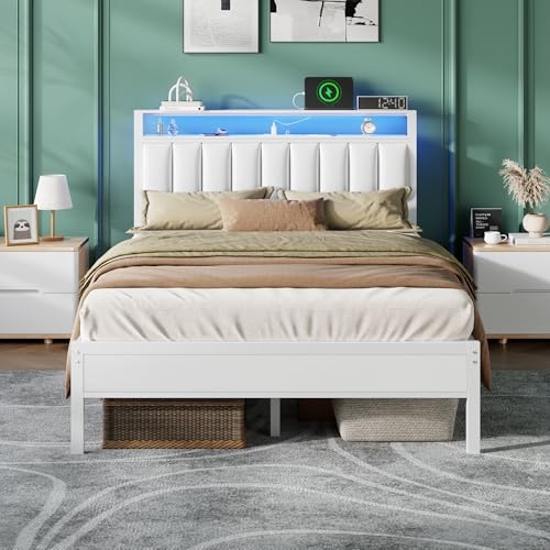 Furnulem White Full Size Bed Frame with Charging Station & Led Lights, Pu Leather Upholste...