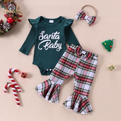 My First Christmas Baby Girl Outfit Letter Print Long Sleeve Romper Plaid Bell Bottoms Set Winter Clothes2