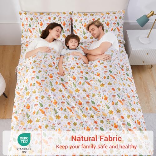 Image of Softan Orange Floral Full Size Sheet Set, Printed Microfiber Fitted Sheet with 15 inch Deep Pockets & Non-Slip Straps, Maple Leaves & Mushroom Patterned Double Bedding Sheets & Pillowcase Set