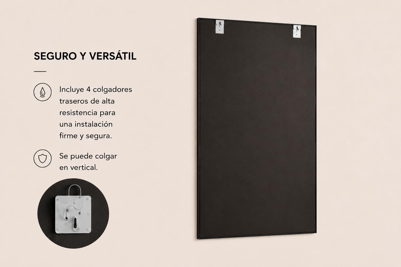 Miss Wood Espejo Rectangular de Pared Cuerpo Entero, Negro, Marco Fino de Metal, Grande Moderno, 180x100 cm / 180x80 cm
