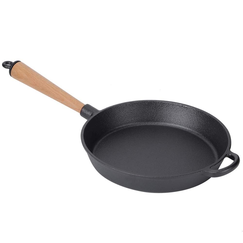 FLEXMAN Skillet Z Żeliwa, Wielofunkcyjna Patelnia do Smażenia Z Żeliwa Z Drewnianym Uchwytem, Patelnia do Gotowania Steków do Pieczenia, Grilla, Pieczenia, Duszenia, Smażenia
