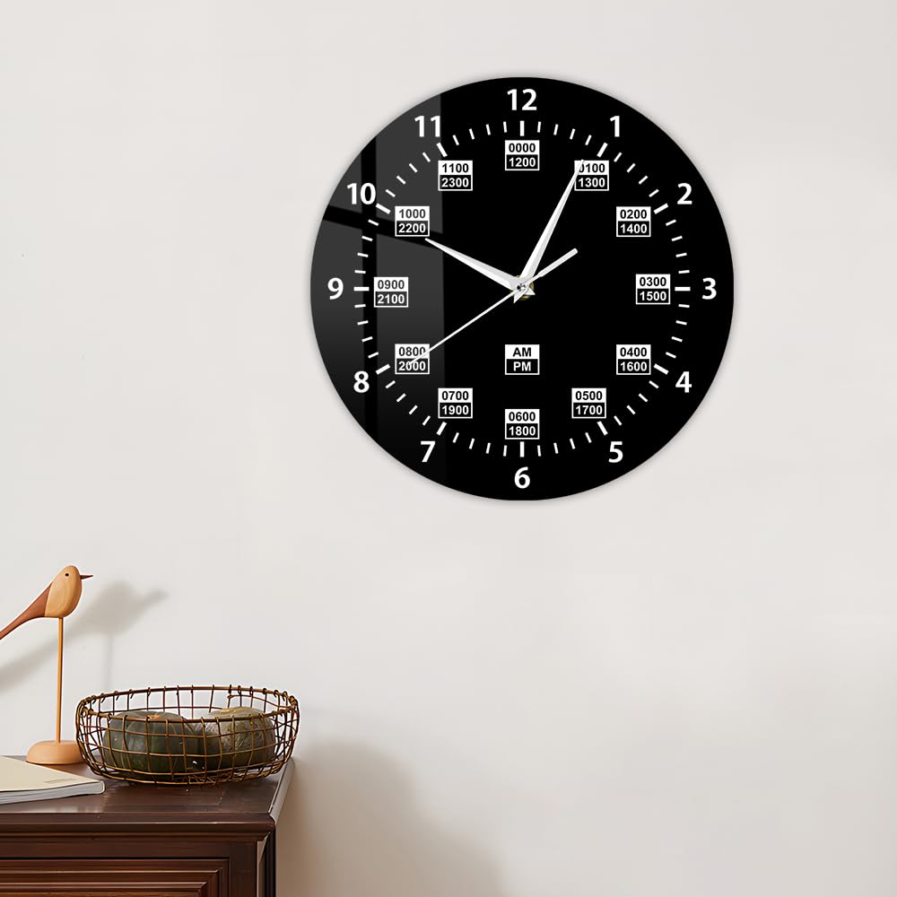 Reloj de pared de 12 pulgadas, 24 horas, estilo militar, retro, silencioso, de cuarzo, sin tictac, funciona con pilas, reloj de pared negro para piloto, marido, papá, jubilación, regalos de