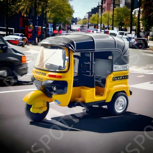 Image of PLUSPOINT Auto Rickshaw Toy,with Pull Back Action City Traffic Vehicles Public Transport Toy with Light and Sound for Aged 3 4 5 6 Boys and Girls,Kids Party Favors Gifts (Yellow)
