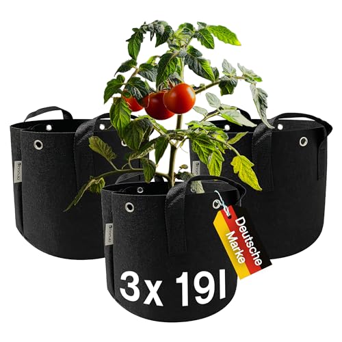 honju Home Growbag - Stofftopf 19l Volumen (3er Pack) [Pflanzsack mit verstärken Löchern zum Runterbinden, Besseres Wurzelwachstum, Vermeidung von Staunässe] schwarz