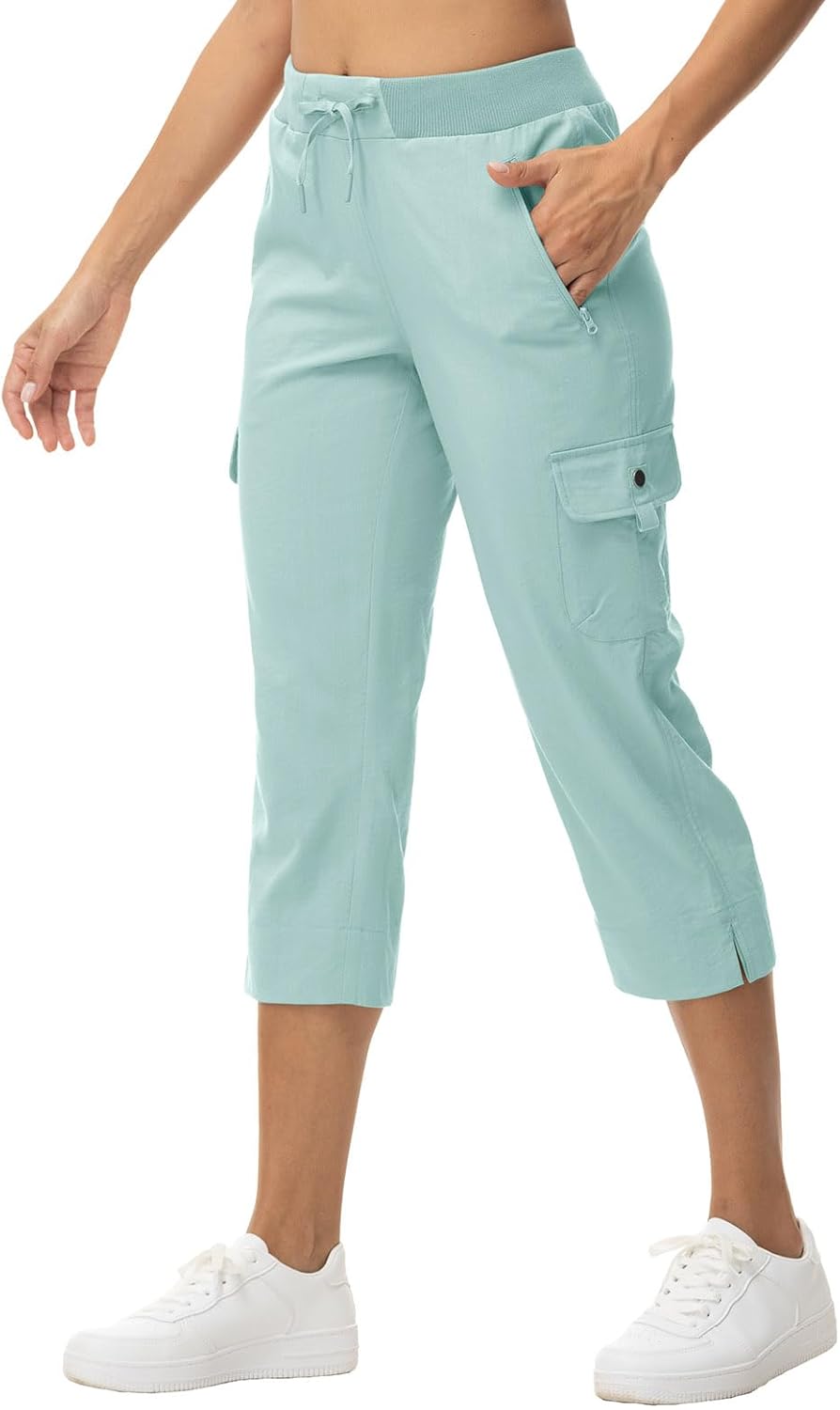 YSENTO Womens Cargo Capri Pants with Pockets Hiking Summer Shorts Lightweight Quick Dry Athletic Joggers Grey Blue L - Image 3