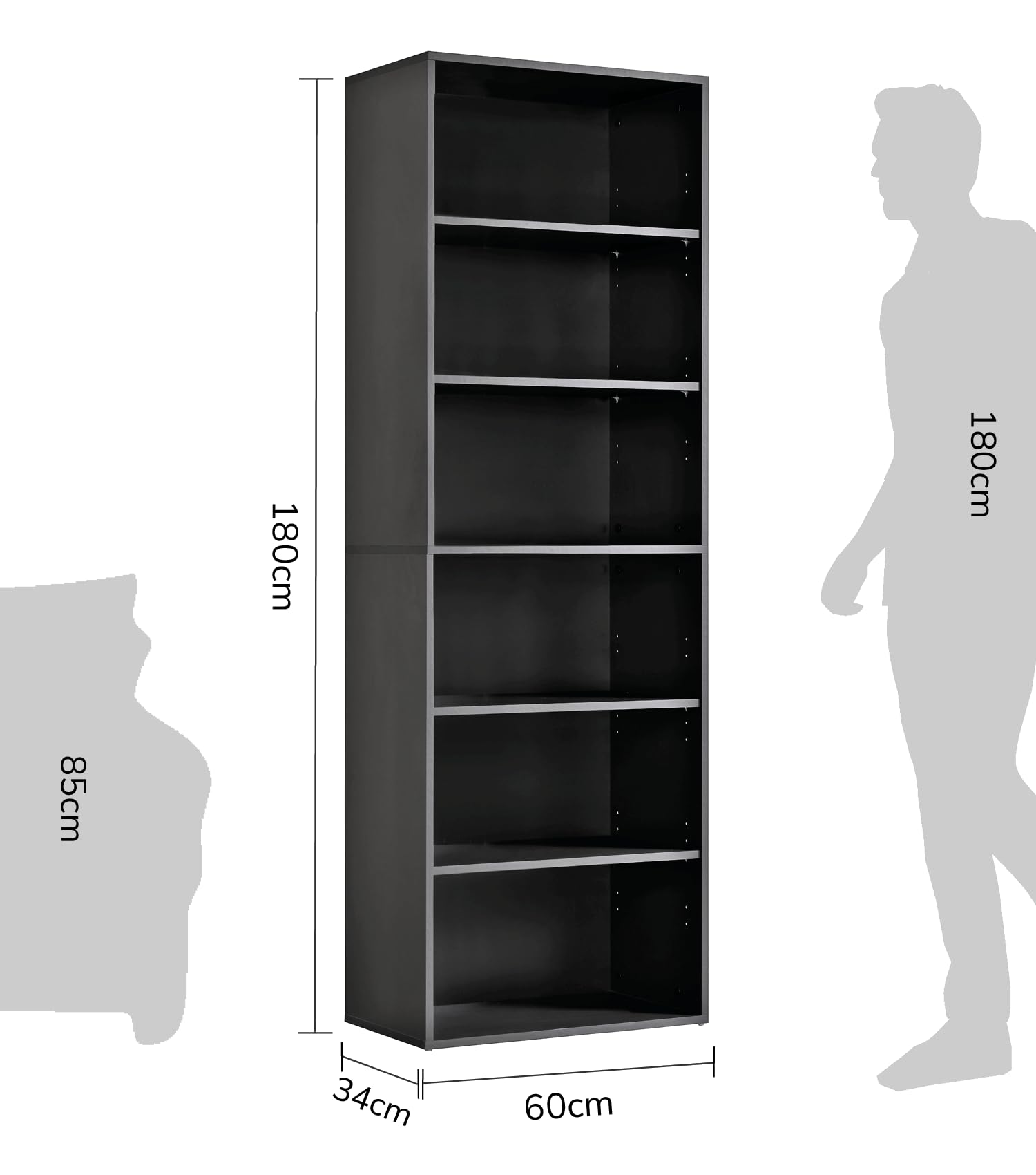 mokebo® Bücherregal Schwarz, Grau BZW. Anthrazit aus Holz 'Der Bücherwurm', Schuhregal, Holzregal, Aktenregal, Standregal fürs Wohnzimmer, Büro, Kinderzimmer, Regal groß für die Wand, 60cm Breite