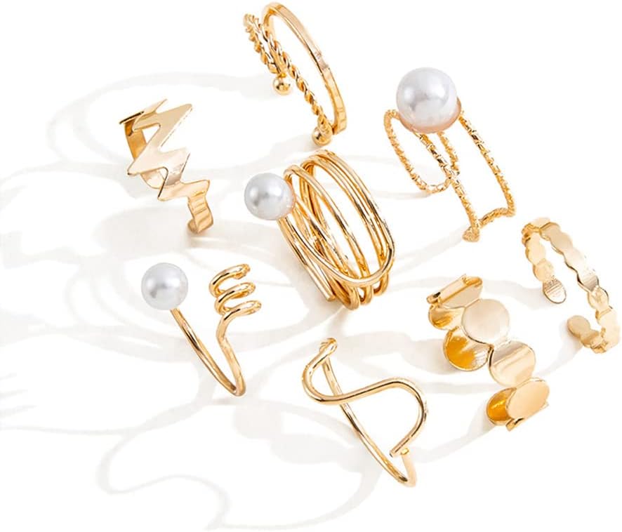 8pcs Stylish Pearl Rings for Women and Girls (Golden) (14772r)