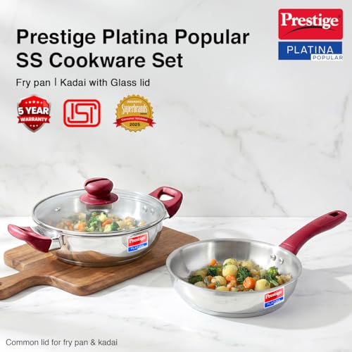Prestige Stainless Steel 2 Pc Cookware Set with Glass Lid | Platina Popular | Fry Pan 24cm (2.25 L) | Kadai 24cm (2.8 L) | TRIPLY Base | Gas &... - Image 3