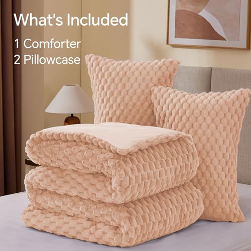 BEDELITE Fluffy King Size Comforter Set - Coral Pink Fleece Soft Comforter for King Size Bed, Luxury Warm Bedding Set for Winter, Fuzzy Bed Set 3 Pieces (1 Comforter, 2 Pillowcases)