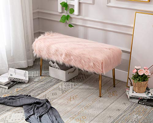 Kmax Fur Entryway Bench, Pink Shaggy Furry Cute Makeup Bench Seat for Girls, Modern Long Bench with Gold Metal Legs for Bedroom Living Vanity Room