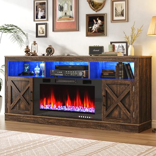 Farmhouse TV Stand with 36\" Fireplace for 80\" TV, 70\" Fireplace Entertainment Center with Barn Doors and LED Light, Tall Fireplace TV Stands for Living Room, Brown