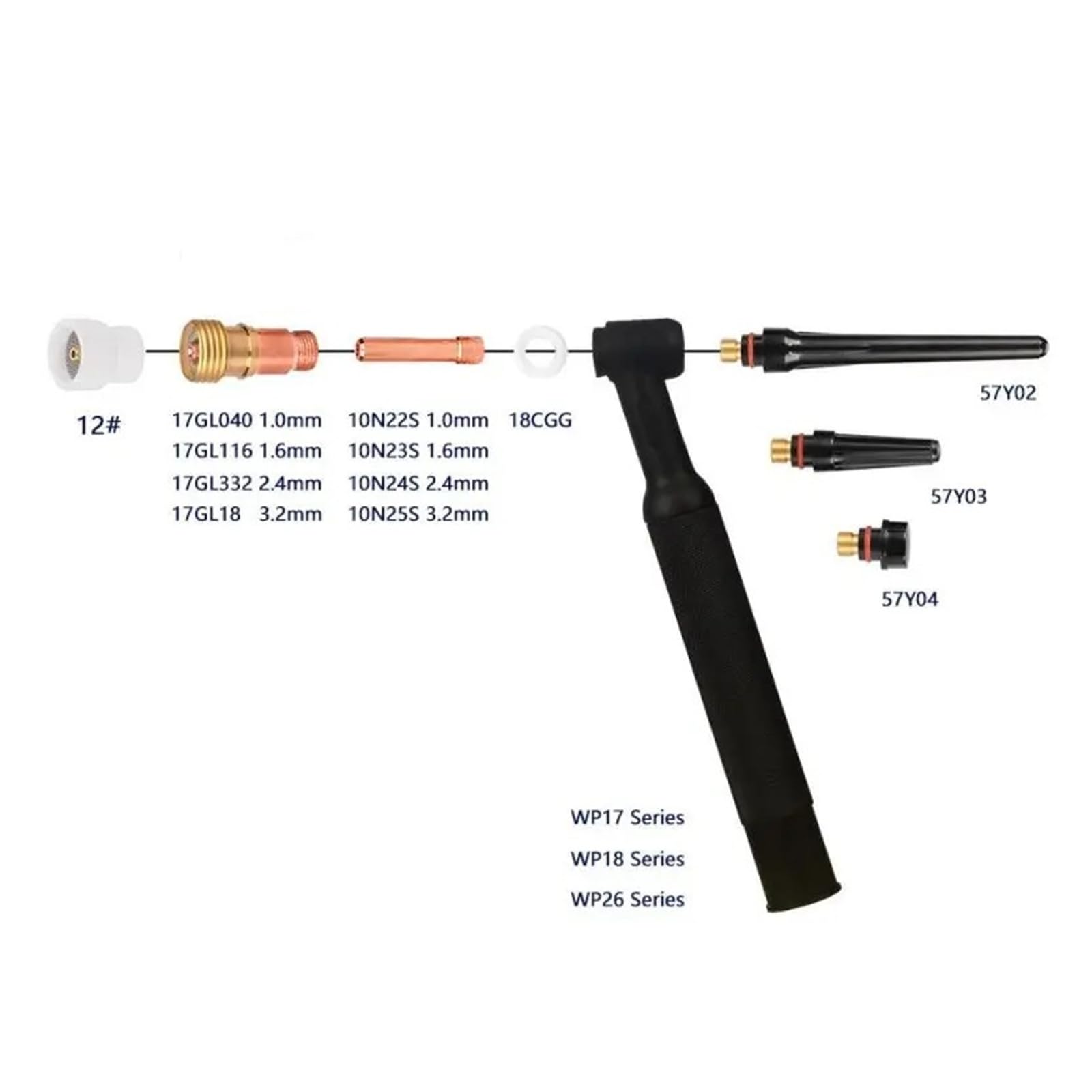Compatible con WP9 WP20 WP17 WP18 WP26 soplete de soldadura TIG 11 Uds 12# Kit accesorios taza alúmina boquilla cerámica blanca