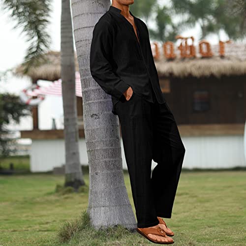 Ctu Men's 2 Pieces Linen Set Long Sleeve Beach V-Neck Button Down Shirts Summer Vacation Loose Yoga Pant With Pockets Black M #TOP2