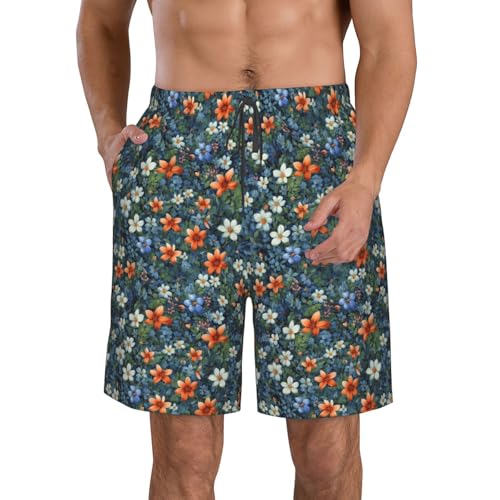 Flowers and Leaves Print Stylish Beach Shorts Swim Trunks Lightweight Breathable Summer Outdoor Activities