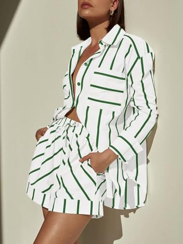Image of Womens Striped 2 Piece Set Button Down Shirt & High Waist Drawstring Shorts Summer Lounge Matching Outfits
