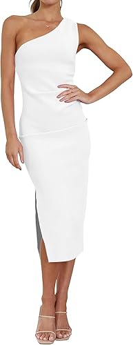 BTFBM Vestido ajustado de un hombro para mujer, para primavera y verano, sin mangas, con abertura, a media pierna, cóctel, boda, invitada de