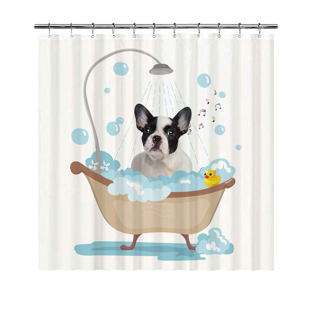 BAGEYOU Funny Dog French Bulldog in Bath Shower Curtains Cute Puppy Taking A Shower Waterproof Polyester Fabric Bathroom Curtain 72 x 72 Inch, with 12 Hooks