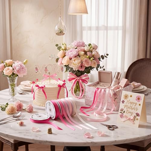 woric Double Faced Pink Satin Ribbon 3/8 Inch x 5 Rolls Total 50 Yards Thin Pink Hair Bows Ribbon for Graduation Leis Flower Bouquet Baby Girl Bridal Shower — view 5