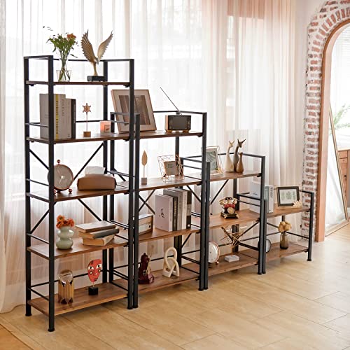 Crofy Rustic Bookshelf, 5 Tier Real Wood Bookshelf, Metal Book Shelf For Storage, Bookcase For Office Organization And Storage, 12.6 D X 23.62 W X 64.17 H Inches, Black #TOP6