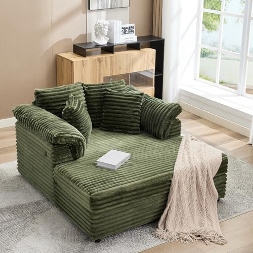 Oversized Chaise Lounge Chair 59 * 54 Inch Indoor Comfy Corduroy Cloud Sleeper Couch Upholstered Sofa Bed with USB Port Throw Pillows Supportive Armrests for Living Room Green