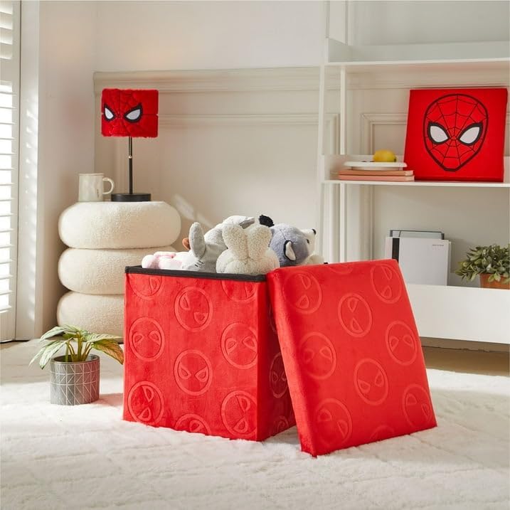 Marvel Spiderman Collapsible Storage Ottoman Cube with Lid, Red Plush Seat Storage Box Organizer for Kids Bedroom, Playroom, Closet & Living Room,15"x15"