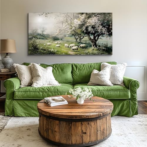 crmotu Landscape Wall Art, Oversized Wall Art, Rustic Wall Decor, Sheep Pasture Canvas Art Prints, Green Natural Scenic Paintings Wall Decor Living Room Bedroom Dining Room Office Farmhouse 30"X60"