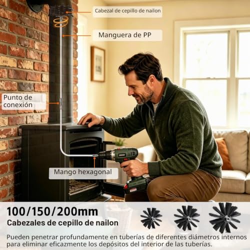 Miniatura 3 de Limpieza Chimeneas Kit Con 3 Cabezales De Cepillo Nylon 100mm 150mm 200mm