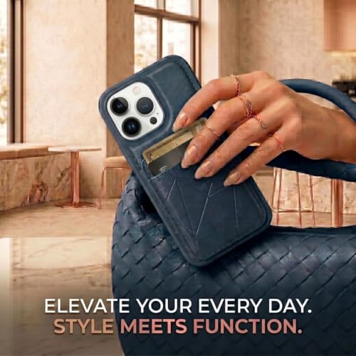 Image of amazon basics Premium Vegan Leather Back Cover with Card Holder and Integrated Mobile Stand for iPhone 13 Pro Max - Slim Shockproof Wallet Case with Geometric Stitching [Blue]
