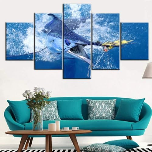 Tableau espadon bleu SHENGXINA grand format 5 pièces pour décoration de salon
