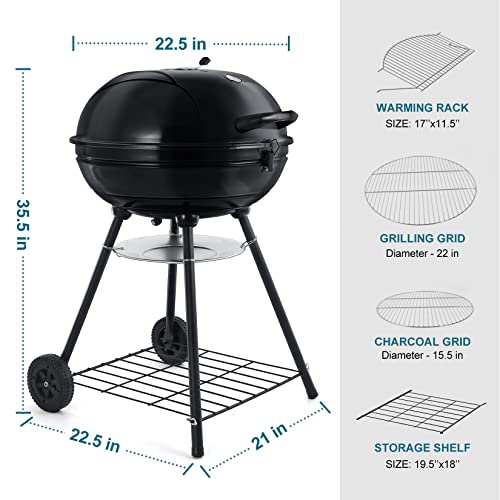 Joyfair 22-Inch Kettle Charcoal Grill With Thermometer, 2 Layer Racks Barbecue Grill For Outdoor Camping Backyard Party Bbq Cooking, Premium Material & Heavy Duty, Extra Thick Steel & Enamel Coated #TOP6