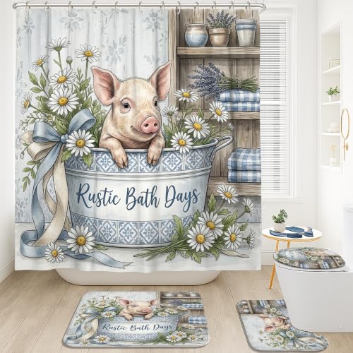 Ensemble rideau de douche et tapis cochon bleu rustique 183 cm