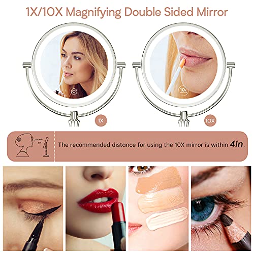 Benbilry 8" Lighted Makeup Mirror With 1X/10X Magnifying Led Light Mirrors 3 Color Dimmable Lights Double Sides Rechargeable Cordless Swivel Vanity Mirror With Lights And Magnification Nickel #TOP1