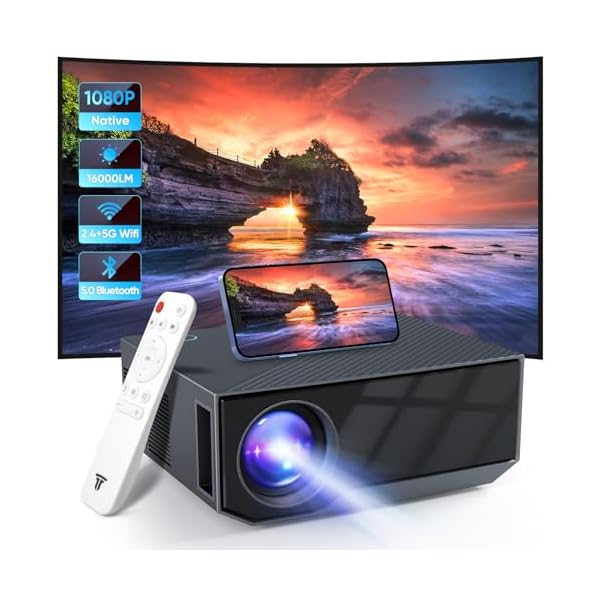 Projector with WiFi and Bluetooth, 16000Lumens Portable Mini Projector,Native Full HD 1080P Outdoor Movie Projector,Smart Projector Compatible with Android/iOS/Windows/TV Stick/HDMI/USB