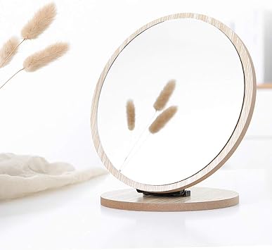 Aestivate Round Compact Table Mirror - Standing Wood Framed, 90 Degree Rotating for Makeup & Cosmetic