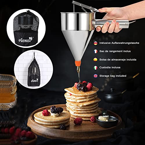 Foto von Teigportionierer 1200ml Edelstahl – 1er Pack – Pfannkuchen & Waffelteig Spender mit 7 Düsen, Messskala, Ständer & Tasche