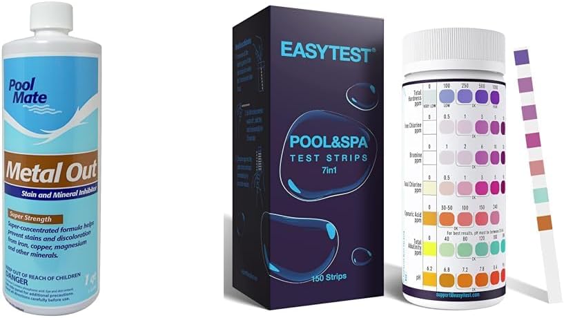 Pool Metal Remover and 7-Way 150ct Pool Test Strips for Total Alkalinity, pH, Free Chlorine, Total Hardness, Cyanuric Acid, and Total Chlorine