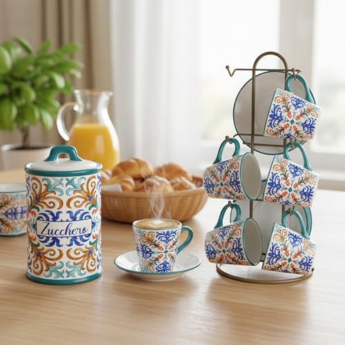 Baroni Home Set von dekorierten Keramik-Espressotassen mit Untertassen und Ständer, farbiges und robustes Küchenzubehör, Capri-Linie, 15x13x29 cm