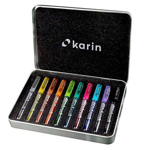Karin DecoBrush Metallic Lot de 10 pinceaux décoratifs métallisés 10 pièces Corps transparent avec système sans encre 2,4 ml