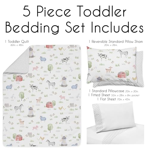 Image of Sweet Jojo Designs Farm Animals Boy Girl Toddler Kid Childrens Comforter Bedding Set - 5 Pieces Comforter, Sham and Sheets - Watercolor Farmhouse Lattice Horse Cow Sheep Pig